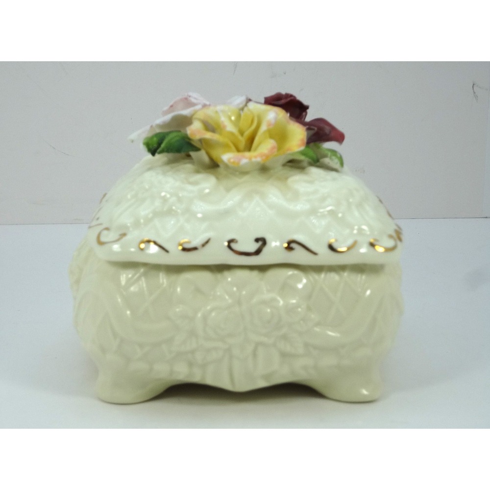 Vintage Porcelain Trinket Box Cream Rose Floral Gold Trim Lid